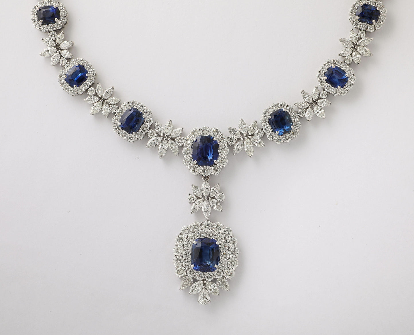 Magnificent Ceylon Sapphire and Diamond Platinum Drop Necklace