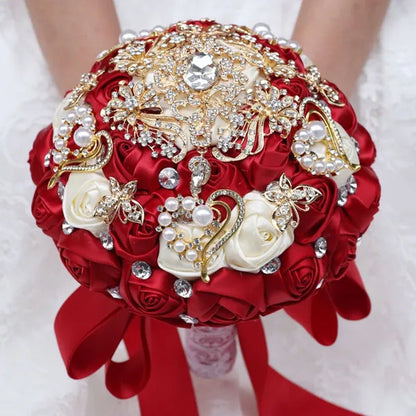 8 Inch Wine Red & Milk White Bridal  Bouquets Artificial Satin Rose Gold Diamond Brooch Bride Holding Flowers Party Valentine Bouquet