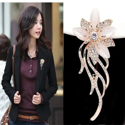 High End Atmosphere Retro Diamond Inlaid Flower Brooch Ladies Temperament Personality Cat'S Eye Pin