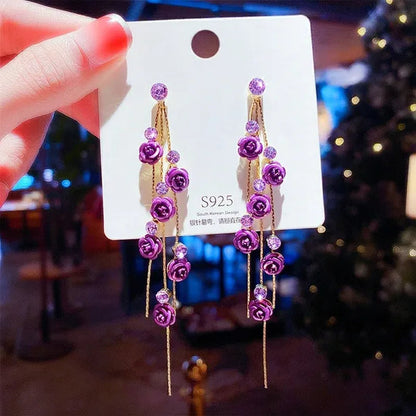 New Exquisite Women's Fashion S925 Silver Needle Diamond Rose Long Tassel Earring Jewelry Gift