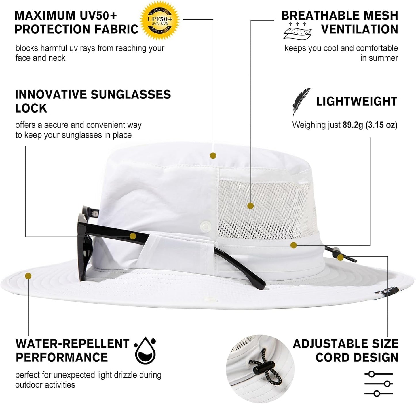 L/XL/XXL UV50+ Waterproof Wide Brim Bucket Sun Hat for Summer Fishing Hiking W/Detachable Strap & Vented Mesh