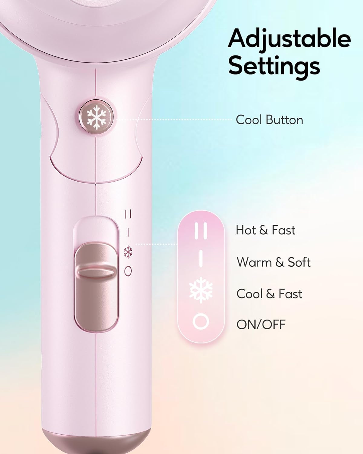 Blow Dryer with Diffuser, Mini Hair Dryer with Folding Handle, 1600W Quiet Lightweight Hairdryer with Diffuser Compact Design, Pinky White