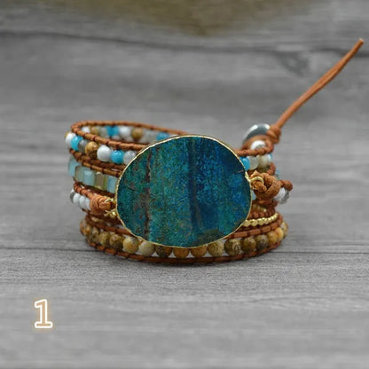 Vintage Boho Handmade Turquoise Charm Natural Stone Beads Bracelets Adjustable Wrap Leather Bracelet Jewelry - WORLD TIME VISITS