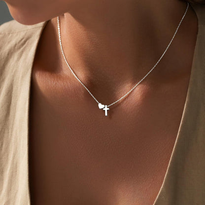 Cross Heart Necklace for Women, Dainty Pendant Necklaces 14K Gold Sterling Silver Plated Choker Chain, Cute Waterproof Non Tarnish Christian Religious Faith Jewelry Baptism Easter Gift