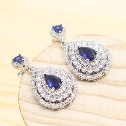 925 Silver Royal Blue Zirconia Wedding Jewelry Set For Women Heart Shape Necklace Pendant Ring Earrings Bracelet S Gift Box