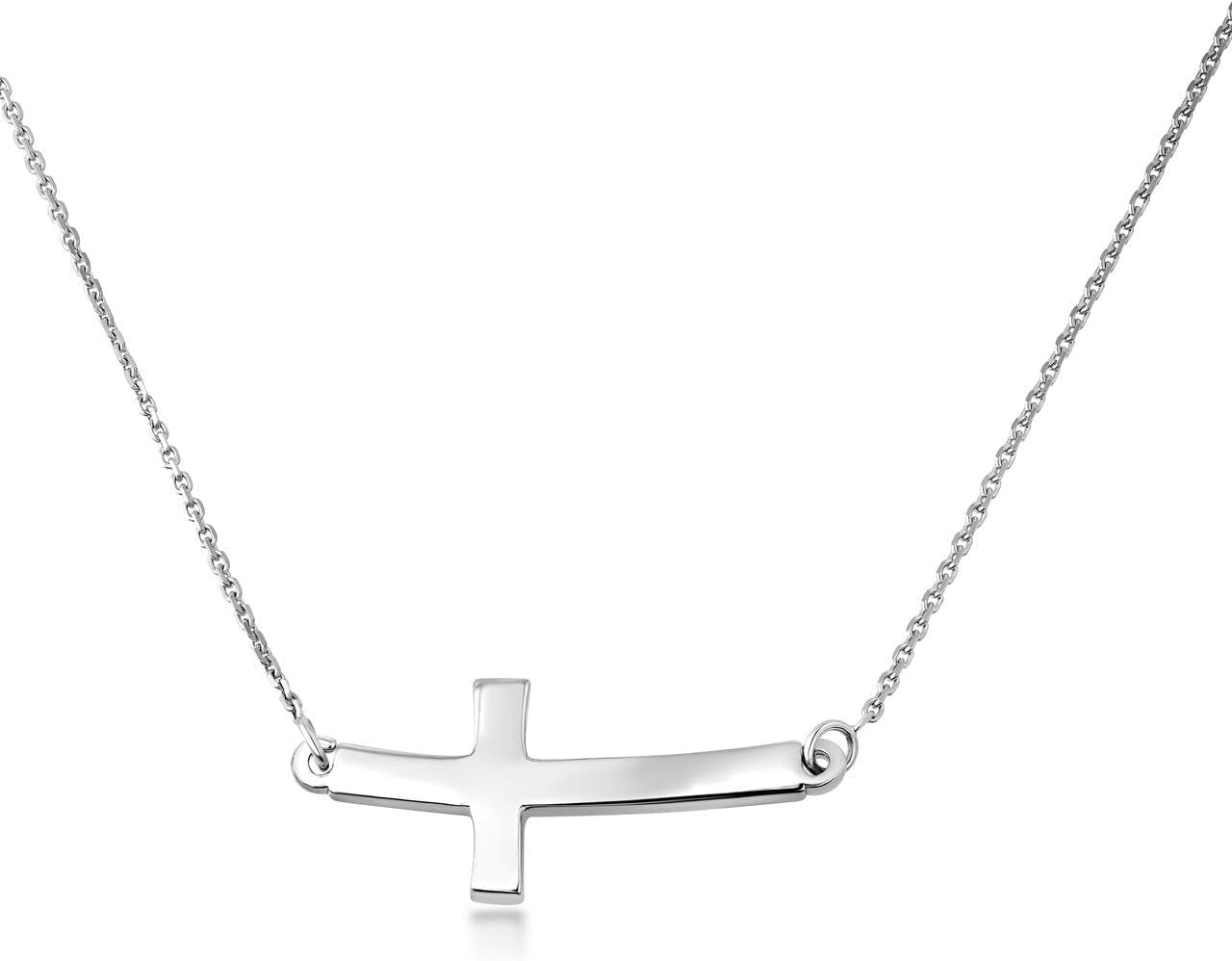 .925 Sterling Silver Sideways Horizontal Curved Cross Bar Style Necklace - WORLD TIME VISITS