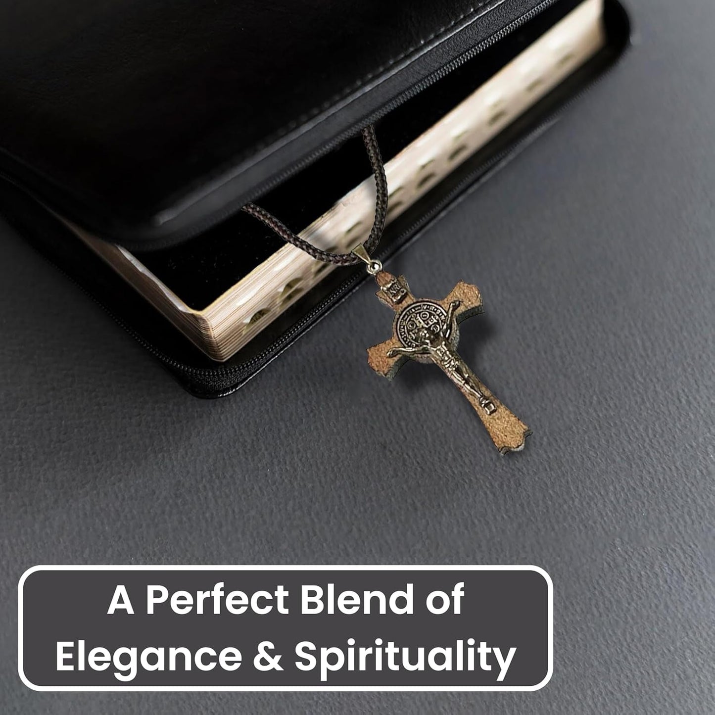 Saint Benedict Medal Wood Crucifix Cord Necklace for Men & Women – Handcrafted Religious Pendant, Healing, Travel Protection, Perfect for Gifting on Special Occasions, Made in Brazil