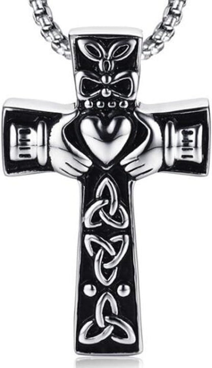Retro Vintage Stainless Steel Celtic Knot Claddagh Jesus Cross Heart Pendant Necklace