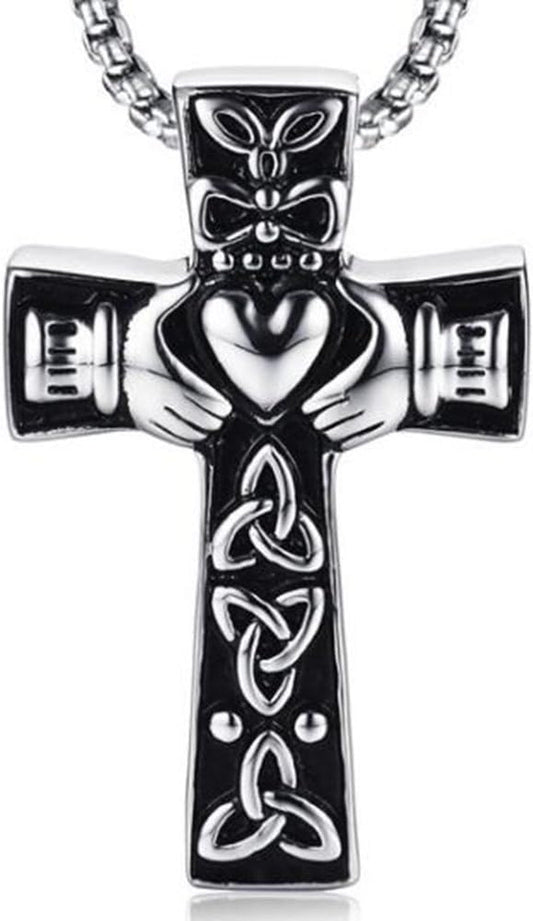 Retro Vintage Stainless Steel Celtic Knot Claddagh Jesus Cross Heart Pendant Necklace