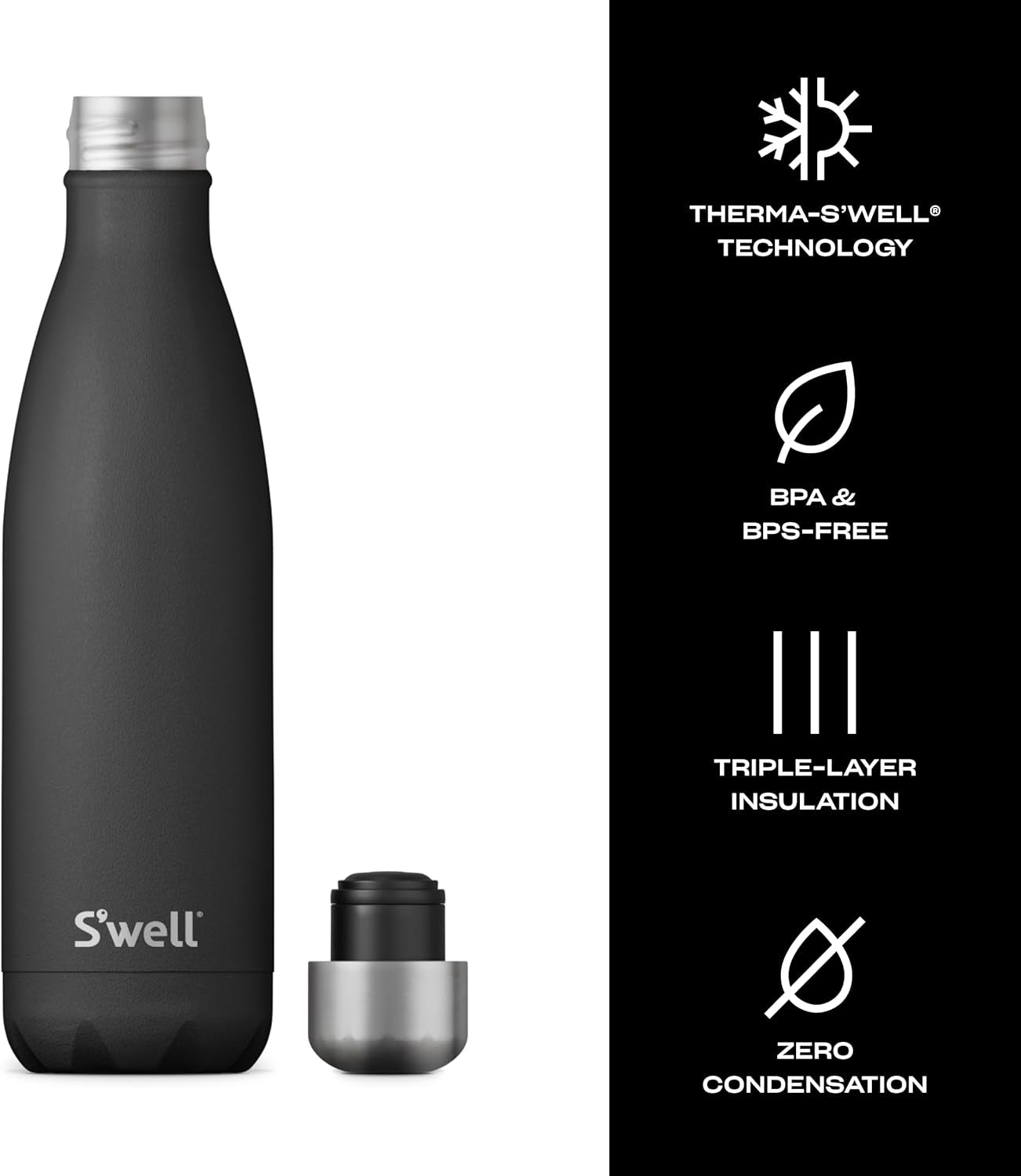 Stainless Steel Water Bottle, 17Oz, Onyx, Triple Layered Vacuum-Insulated Containers Keeps Drinks Cold for 36 Hours and Hot for 18, BPA Free, Perfect for on the Go