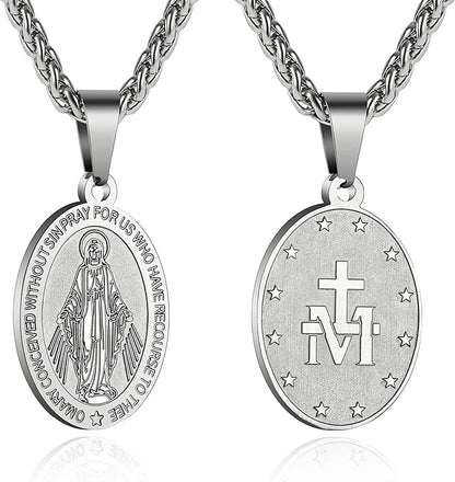 Virgin Mary Necklace for Men Boys Miraculous Medal Stainless Steel Mary Mother of God Pendant De La Virgen Maria Medallion Holy Mary Charm - WORLD TIME VISITS