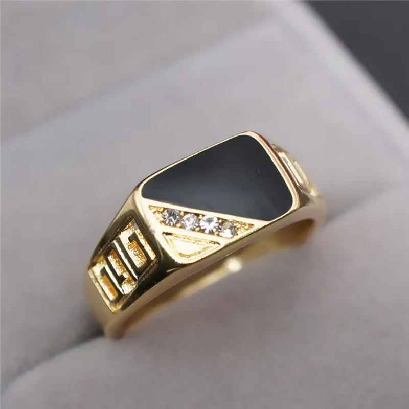 Fashion Male Jewelry Classic Gold Color White Sapphire Diamond CZ Wedding Ring Black Enamel Agate Rings For Men Christmas Party Gift Size 7 8 9 10 11 12