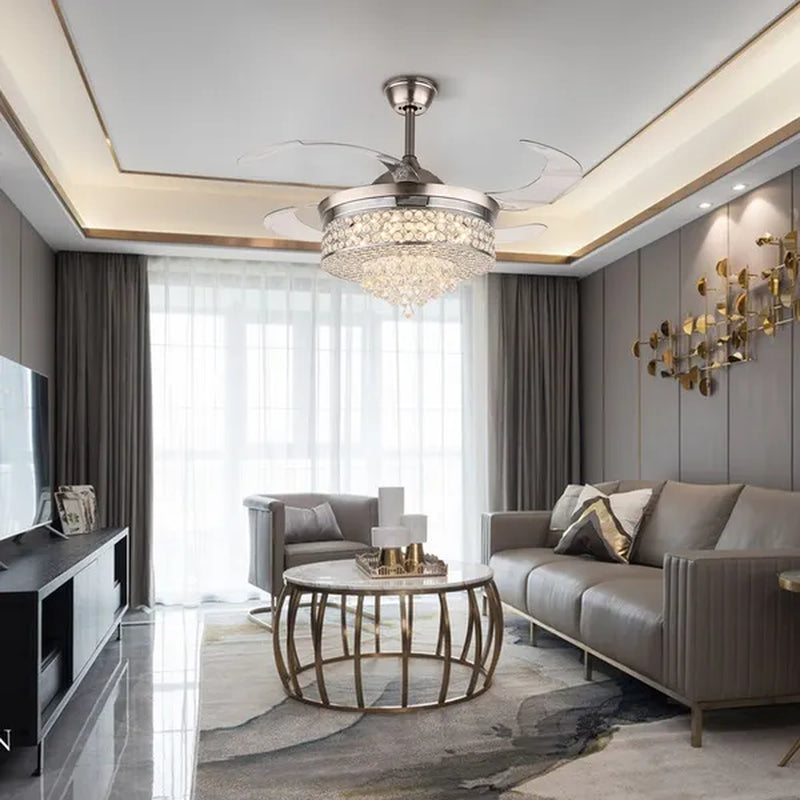 42'' Modern Invisible Telescopic Ceiling Fan Light LED Chandelier with Remote Control Silver
