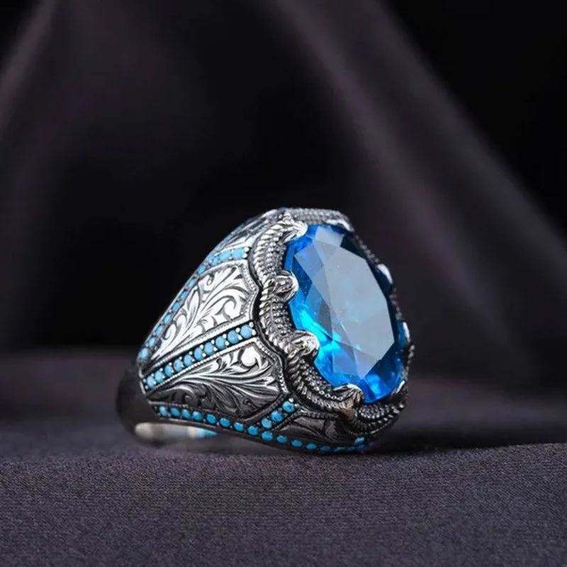 European and American Hot Selling Sapphire Retro Rings for Men, Antique Silver Inlaid Sapphires with Diamonds Luxury Fashion Men's Retro Rings, Classic Atmosphere, Party Business Casual Jewelry, Wedding Accessories, Anniversary Gifts