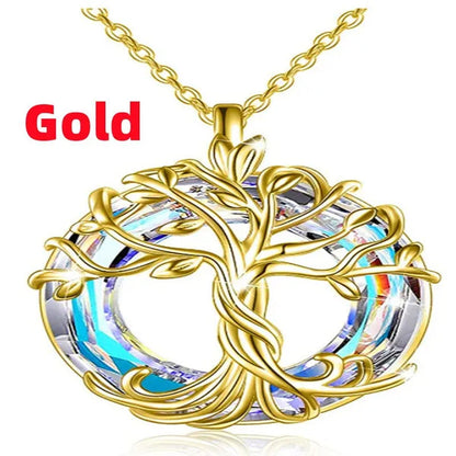 European and American Fashion Women Celtic Life Tree Crystal Pendant Necklace 925 Sterling Silver Star round Sapphire Necklace Anniversary Party Birthday Gifts for Daughte