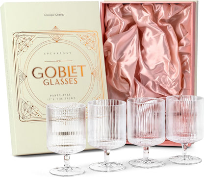 Vintage Art Deco Ribbed Goblet Cocktail Glasses with Stem | Set of 4 | 10 Oz Short Stemmed Crystal Tumblers for Drinking Classic Whiskey, Gin, Vodka Bar Drinks - WORLD TIME VISITS