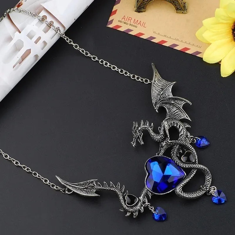 Fashion Heart-shaped Gemstone Alloy Pendant Gothic Punk Fire-breathing Dragon Necklace Jewelry