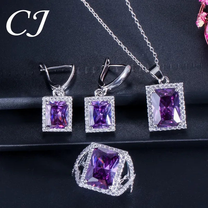 CANDICE Top Grade Bright Square Yellow Pave Sterling Silver Pendant Necklace Earrings and Ring with Tiny CZ Stone Jewelry 3 Pcs Sets for Women Dress Accessories