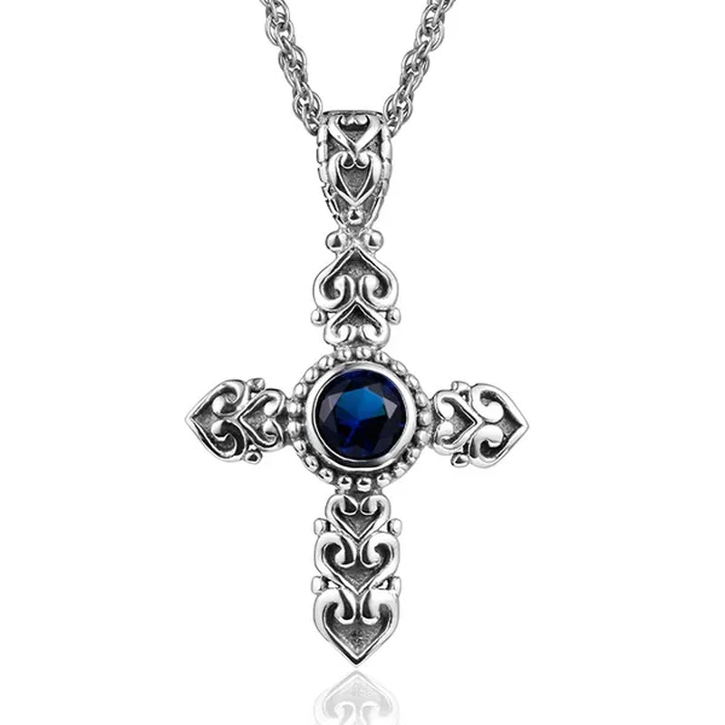 Cross Blue Sapphire Vintage Pendant for Women and Men Antique 925 Sterling Silver Dangle Pendant