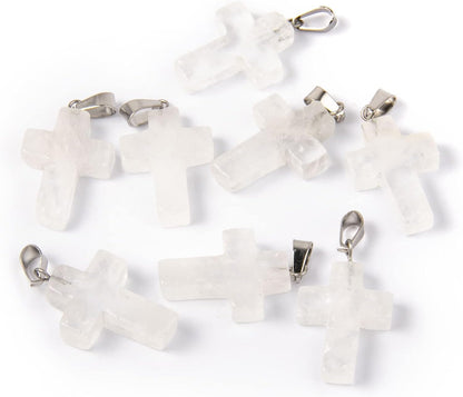 12PCS Natural Stone Cross Pendant, Healing Crystal Quartz Chakra Reiki Gemstone Pendants Charms Bulk for DIY Necklace Jewelry Making