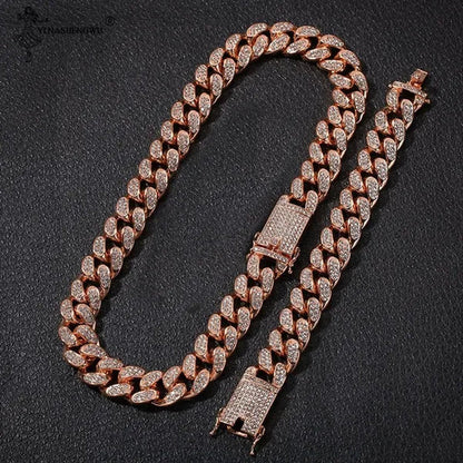Men's Hip Hop Iced Out Paved Rhinestones 13MM Gold/Silver/Rose Gold Full Miami Curb Cuban Chain Bling Necklace Bracelet Set Jewelry Gifts