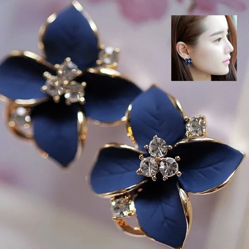 18k Gold Plated White Crystal colorful Enamel Leaves Flower Omega Back Earrings Stud Earrings for Women Ladies Girls Jewelry - WORLD TIME VISITS