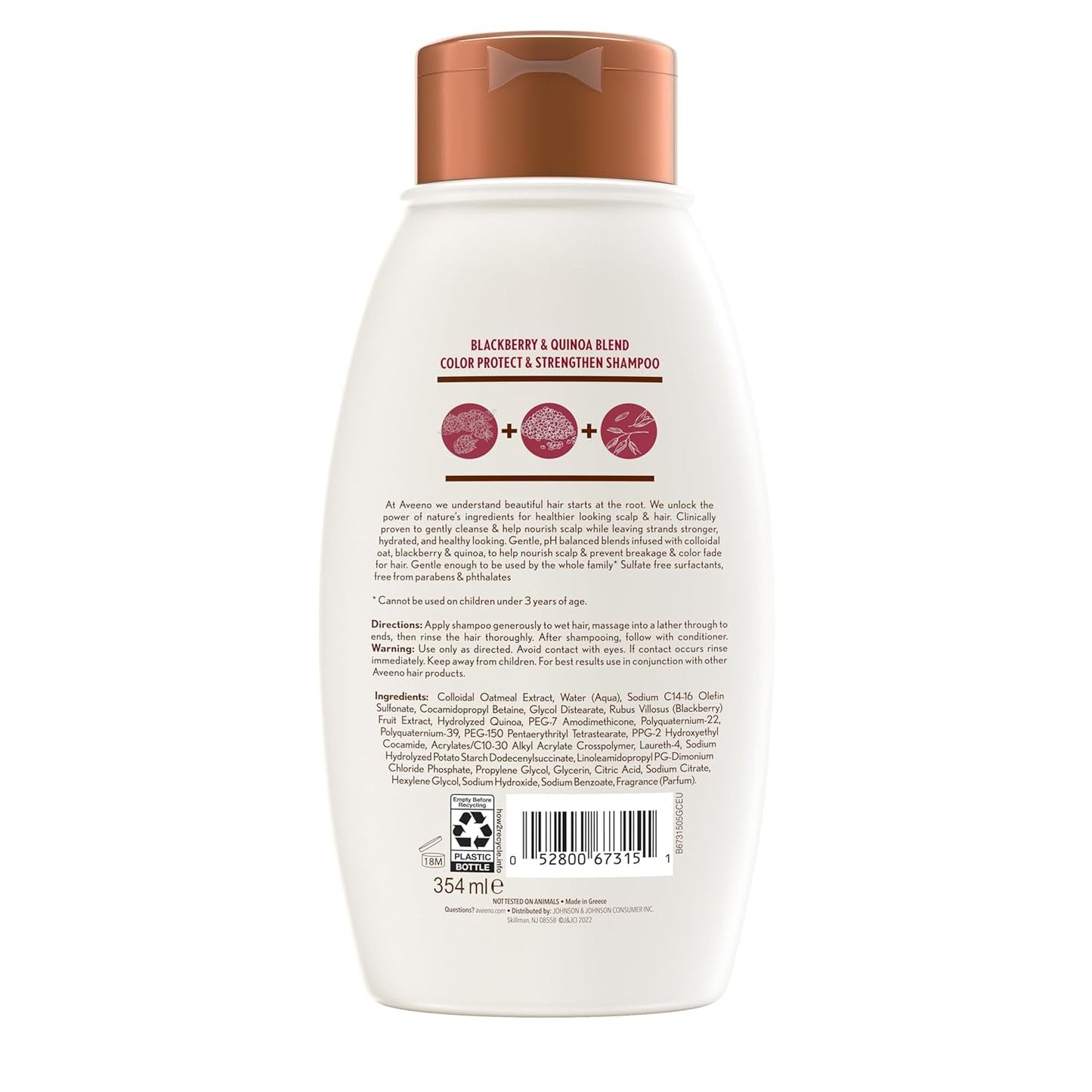 Aveeno Blackberry Quinoa Protein Blend Sulfate-Free Shampoo for Color-Treated Hair Protection, Daily Strengthening & Moisturizing Shampoo, Paraben & Dye-Free, 12 Fl Oz (Packaging May Vary)