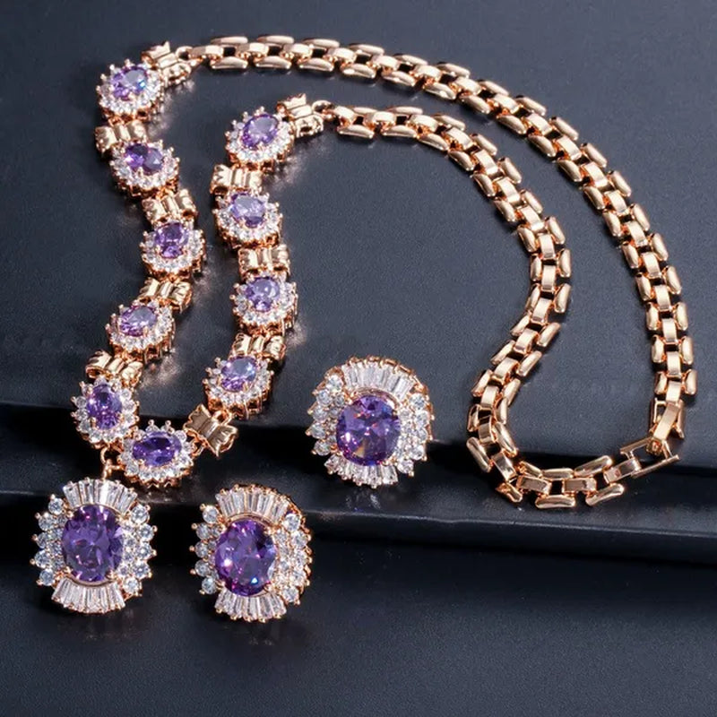 CANDICE Dubai Wedding 4 Pieces Set Elegant Red Zirconia Paved Yellow Gold Plated Engagement Party Ring Earrings Bracelet Necklace Sets for Women