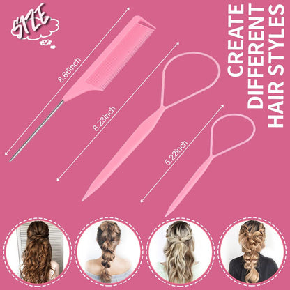 Hair Styling Tool Set - 3 Pcs French Braid Tool, Rat Tail Comb, and Metal Braiding Pin in Pink