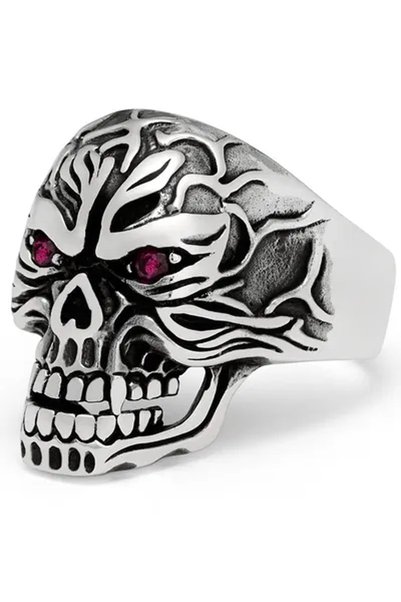 Men'S Sculpted Skull Biker Ring Sterling Silver 925 with Red Ruby Eyes CZ 25MM