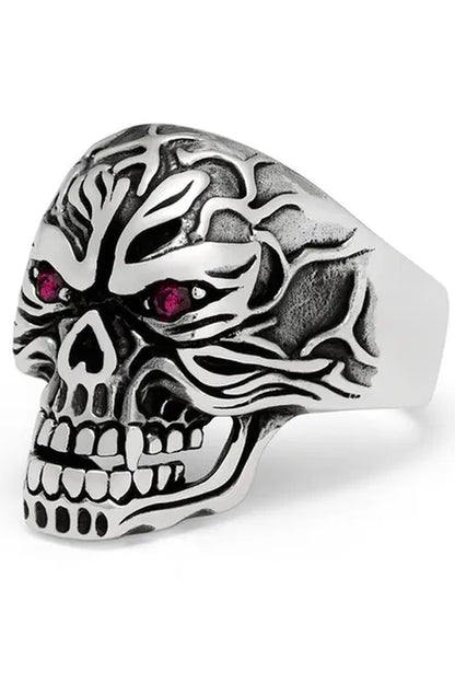 Men'S Sculpted Skull Biker Ring Sterling Silver 925 with Red Ruby Eyes CZ 25MM