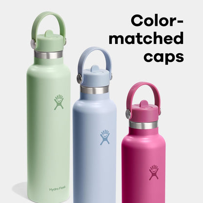 24 Oz Stainless Steel Standard Mouth Water Bottle with Flex Straw Cap and Double-Wall Vacuum Insulation