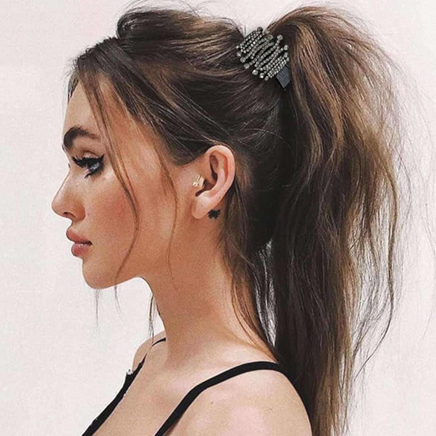 1.77Inch Small Hair Claw Clips for High Ponytail, Rhinestone Shark Hair Clips for Women Thick Long Hair (Black,Pack of 3)