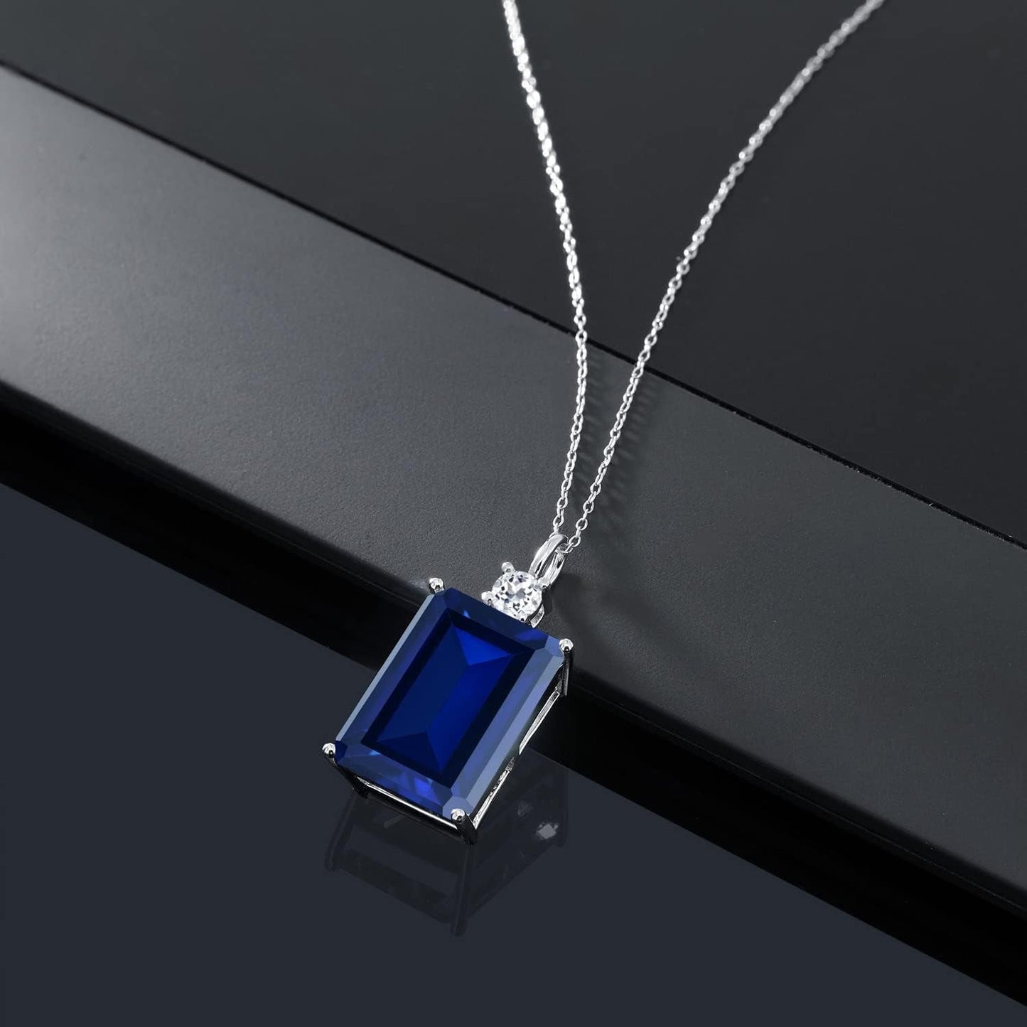 17.83 Cttw Blue Created Sapphire and White Topaz Pendant Necklace for Women in 925 Sterling Silver | Emerald Cut 18X13MM | with 18 Inch Silver Chain