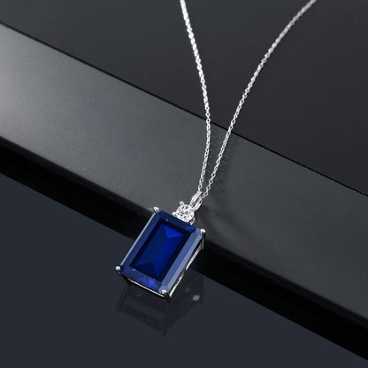 17.83 Cttw Blue Created Sapphire and White Topaz Pendant Necklace for Women in 925 Sterling Silver | Emerald Cut 18X13MM | with 18 Inch Silver Chain