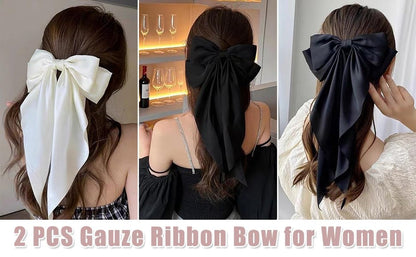Hair Bows 2 PCS Ribbon Bow for Women and Girls, Oversized Long-Tail Cute Aesthetic, Large Hair Barrettes (Black White)