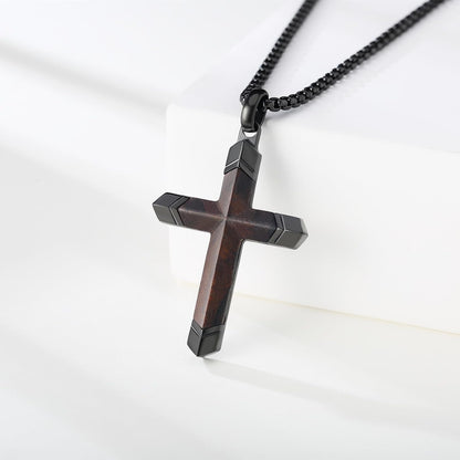 Wooden Cross Necklace for Men, Real Ebony Inset in Black Stainless Steel Christian Wood Crucifix Pendant, Includes Necklace 24" Box Chain