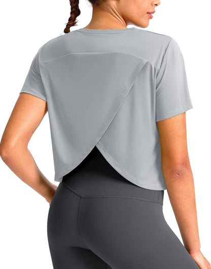 Workout Tops for Women Crop Short Sleeve Shirts Loose Fit Athletic Gym Top T-Shirts with Slit Back - WORLD TIME VISITS