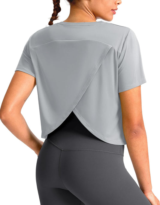 Workout Tops for Women Crop Short Sleeve Shirts Loose Fit Athletic Gym Top T-Shirts with Slit Back - WORLD TIME VISITS