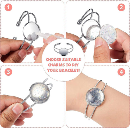 Jewelry Making Kit, 10Pcs 25Mm Bezel Tray Blank Bangle Bracelet, Adjustable round Bracelet for DIY Handmade, Men and Women (Silver)