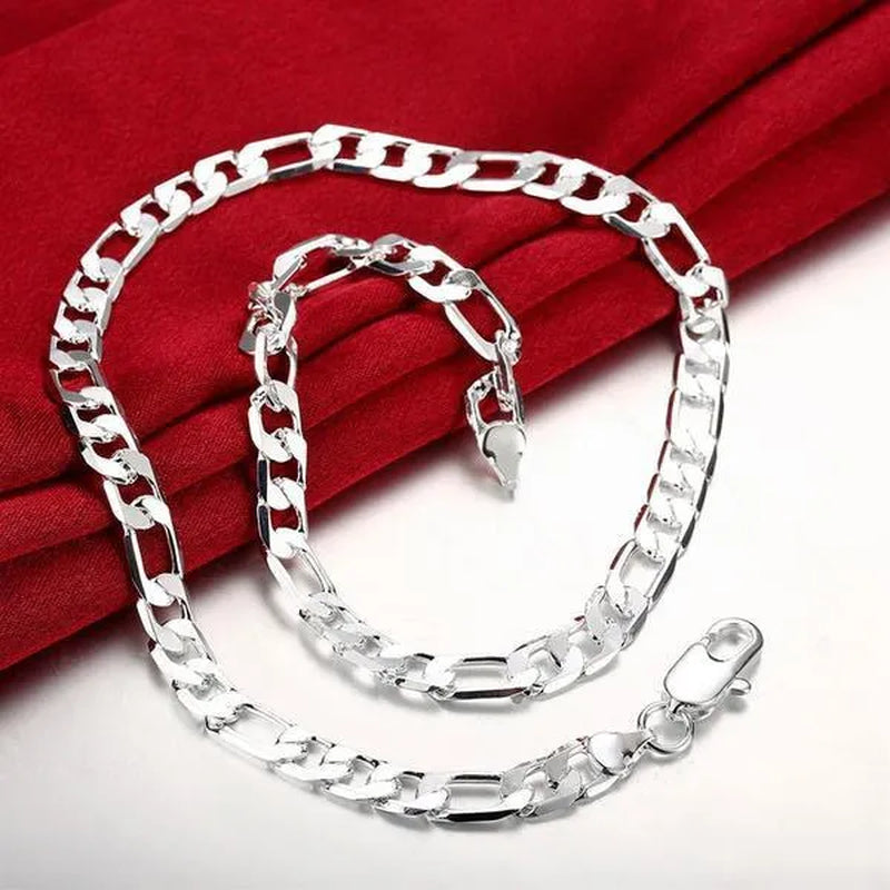2Pcs/Set(Bracelet+Necklace) Charm Men Women Figaro Curb Link Chain Bracelet Necklace Fashion 925 Sterling Silver Exquisite Jewelry Gifts