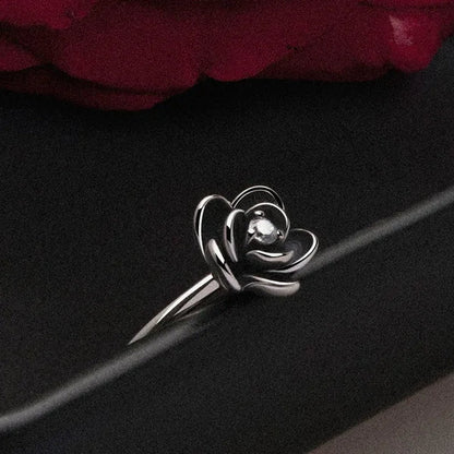 Simple Ladies Antique Silver Black Rose Flower Floral Ring for Women Female Wedding Engagement Party Jewelry Christmas Gift