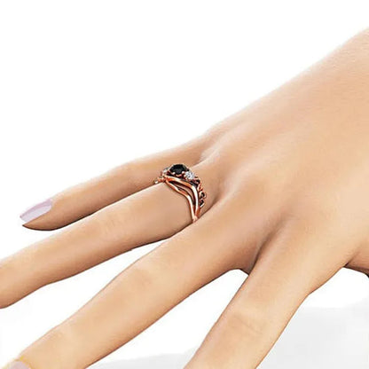 Fashion Ladies Rose Gold Leaf Vine Black Gemstone Rings Jewelry Bridal Romantic Engagement Proposal Gift
