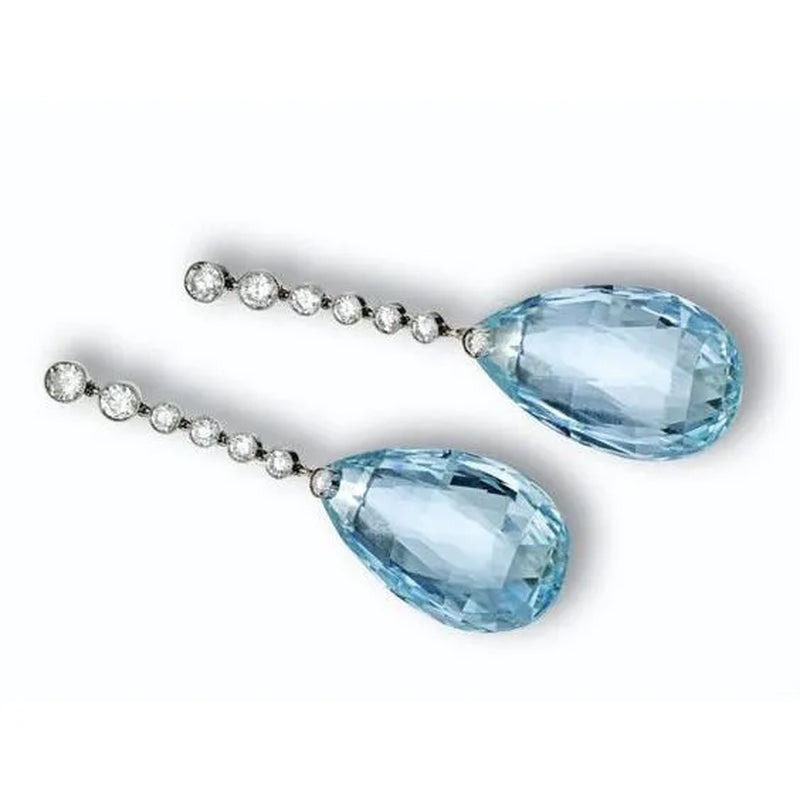 925 Sterling Silver Aquamarine Zircon Diamond Gemstones Birthstone Ear Studs Earring Bride Princess Wedding Engagement