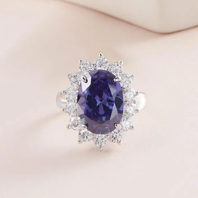 Newshe 6 Carats Oval Created Blue Tanzanite Gemstone Statement Ring for Women AAA CZ Cocktail Party Ring 925 Sterling Silver Sz 5-12