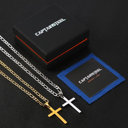Cross Necklace for Men - Stainless Steel Silver/Gold Plain Cross Pendant Necklace Simple Jewelry Gifts, 20/22/24/26 Inches 3:1 Figaro Link Chain 4/5/6Mm Width
