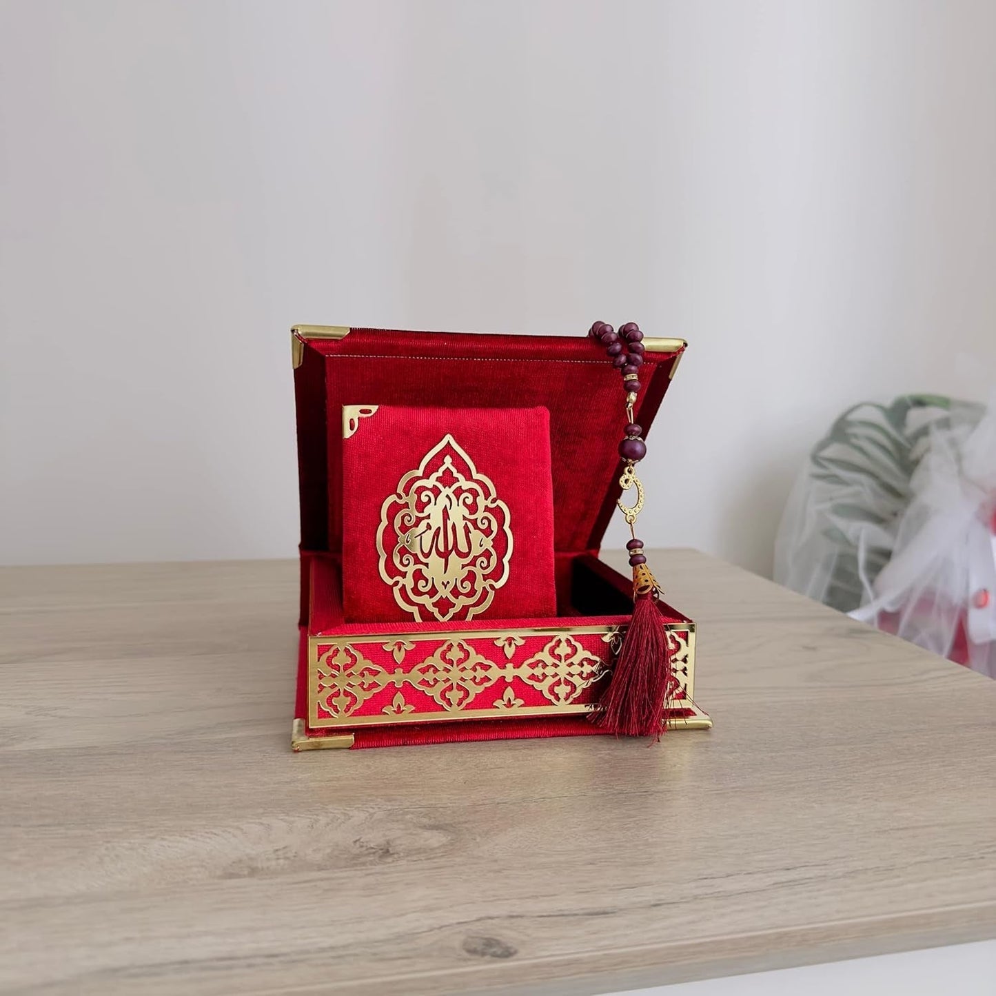 Velvet Covered Quran Tasbeeh Islamic Gift Set, Holy Quran Prayer Beads Wooden Gift Box, Islamic Birthday, Wedding, Graduation, Eid, Ramadan Gift Favor (Claret Red)