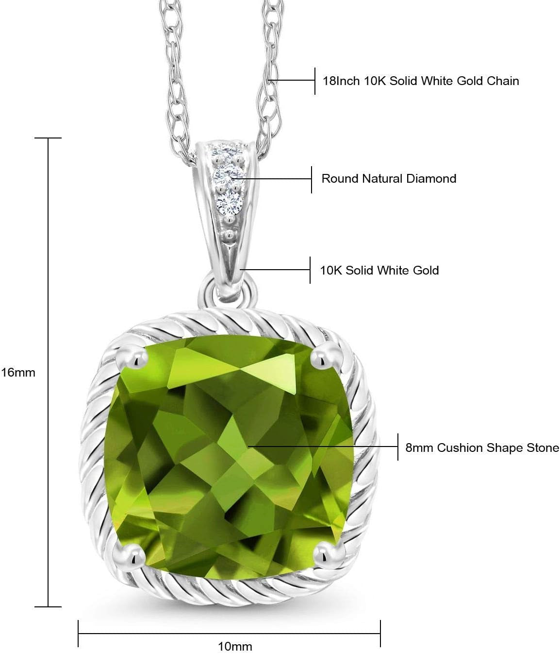 10K White Gold Cushion 8MM Gemstone Birthstone and White Diamond Pendant Necklace | Gold Necklace for Women | with 18 Inch Silver Chain