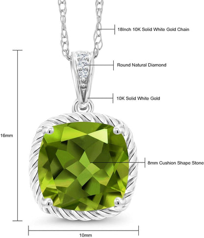 10K White Gold Cushion 8MM Gemstone Birthstone and White Diamond Pendant Necklace | Gold Necklace for Women | with 18 Inch Silver Chain