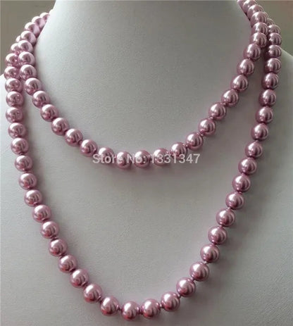Handmade Fine 10Mm Pink Purple round South Sea Shell Pearl Necklace 36" Fashion Jewelry